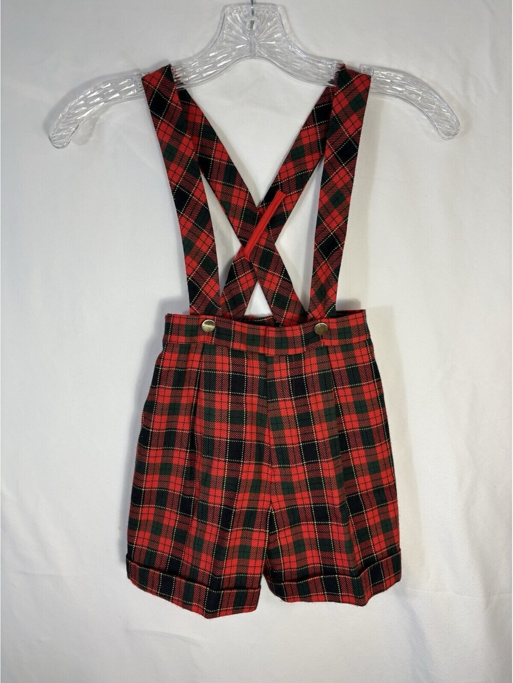 Vintage 60s Florence Eiseman Boys Wool Tartan Plaid Suspender Shorts Christmas